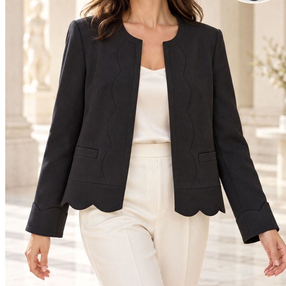 Ann Taylor Black Scalloped Open Front Jacket Blazer Quiet Luxury Dark Academia L